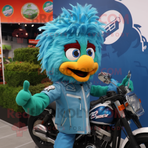 Cyan Chicken Parmesan mascot costume character dressed with a Moto Jacket and Hair clips