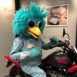 Cyan Chicken Parmesan mascot costume character dressed with a Moto Jacket and Hair clips