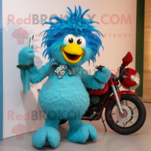 Cyan Chicken Parmesan mascot costume character dressed with a Moto Jacket and Hair clips