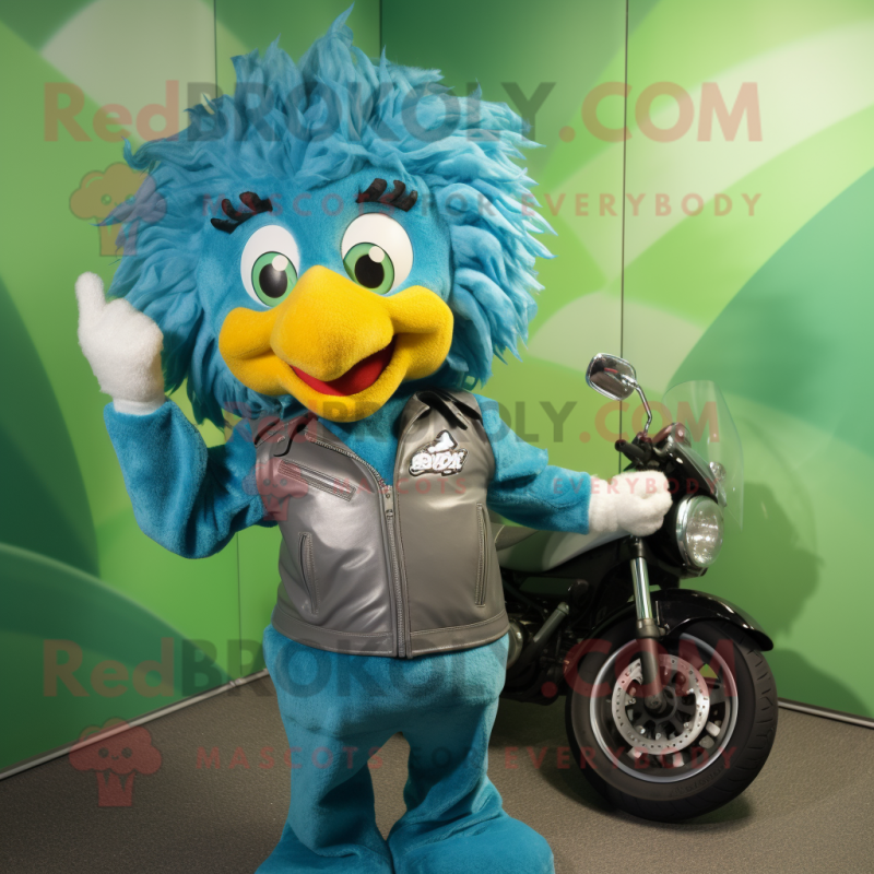 Cyan Chicken Parmesan mascot costume character dressed with a Moto Jacket and Hair clips Cyan Chicken Parmesan mascot costume character dressed with a Moto Jacket and Hair clips
