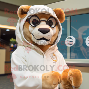 Cream Mountain Lion mascot costume character dressed with a Windbreaker and Reading glasses