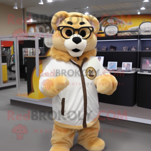 Cream Mountain Lion mascot costume character dressed with a Windbreaker and Reading glasses