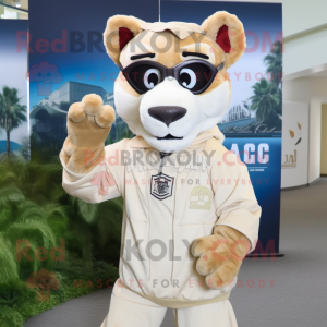 Cream Mountain Lion mascot costume character dressed with a Windbreaker and Reading glasses