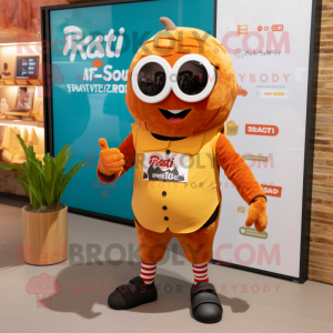 Rust Paella mascot costume character dressed with a Shorts and Smartwatches