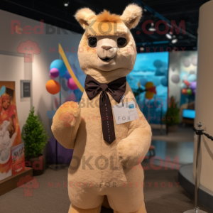 Tan Alpaca mascot costume character dressed with a A-Line Dress and Bow ties