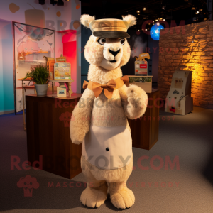 Tan Alpaca mascot costume character dressed with a A-Line Dress and Bow ties