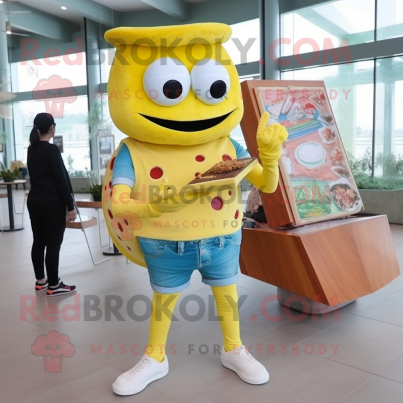 Lemon Yellow Pizza mascot costume character dressed with a Skinny Jeans and Wallets