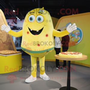 Lemon Yellow Pizza mascot costume character dressed with a Skinny Jeans and Wallets