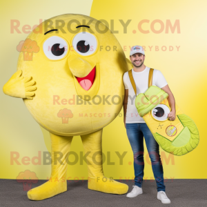 Lemon Yellow Pizza mascot costume character dressed with a Skinny Jeans and Wallets