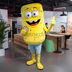 Lemon Yellow Pizza mascot costume character dressed with a Skinny Jeans and Wallets
