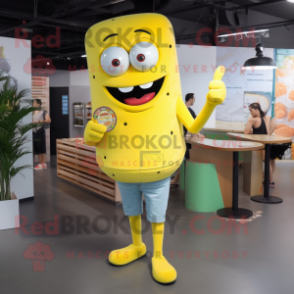 Lemon Yellow Pizza mascot costume character dressed with a Skinny Jeans and Wallets