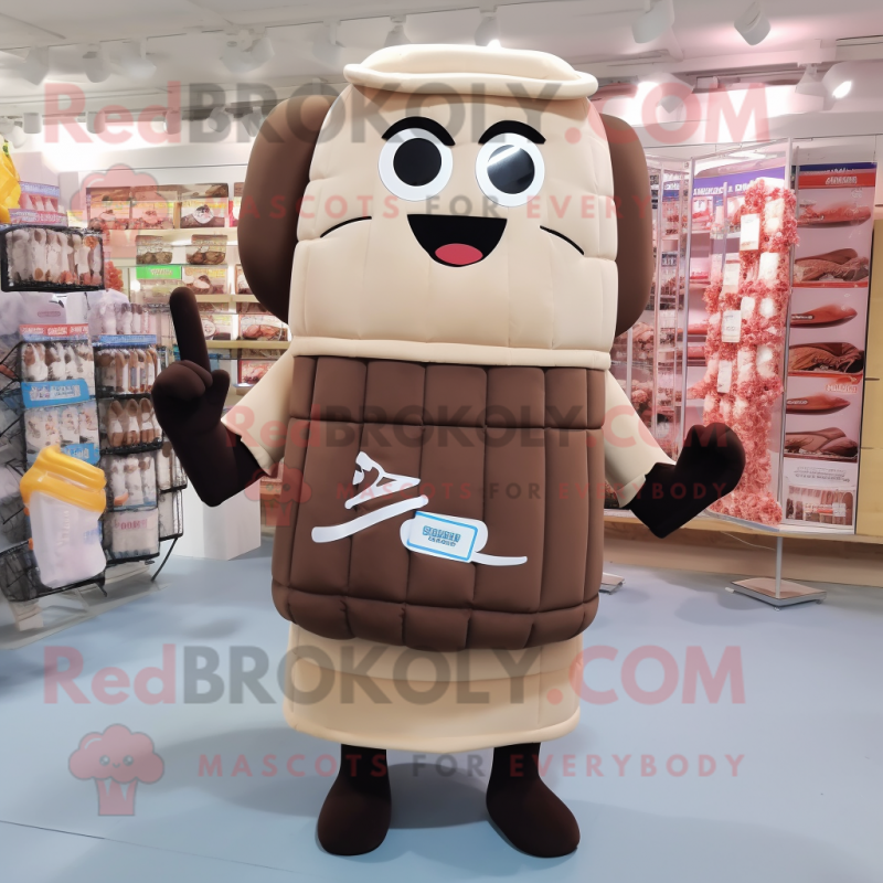 Beige Chocolate Bars mascot costume character dressed with a Cover-up and Backpacks Beige Chocolate Bars mascot costume character dressed with a Cover-up and Backpacks