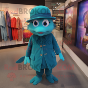 Teal Betta Fish mascot costume character dressed with a Jacket and Hat pins