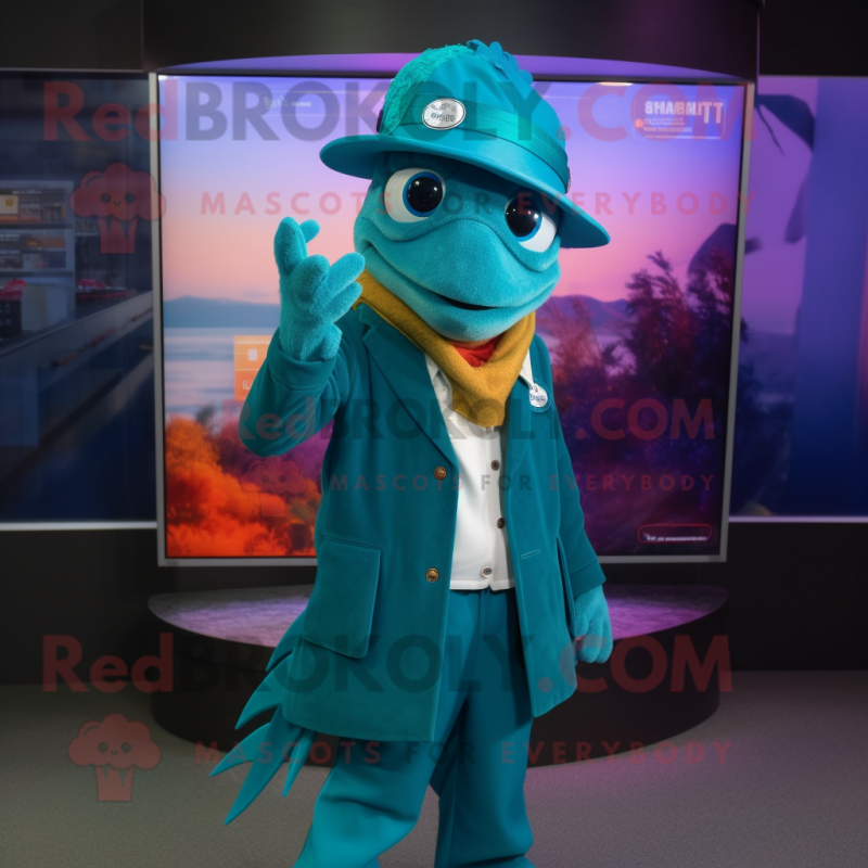 Teal Betta Fish mascot costume character dressed with a Jacket and Hat pins