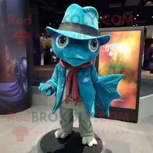 Teal Betta Fish mascot costume character dressed with a Jacket and Hat pins