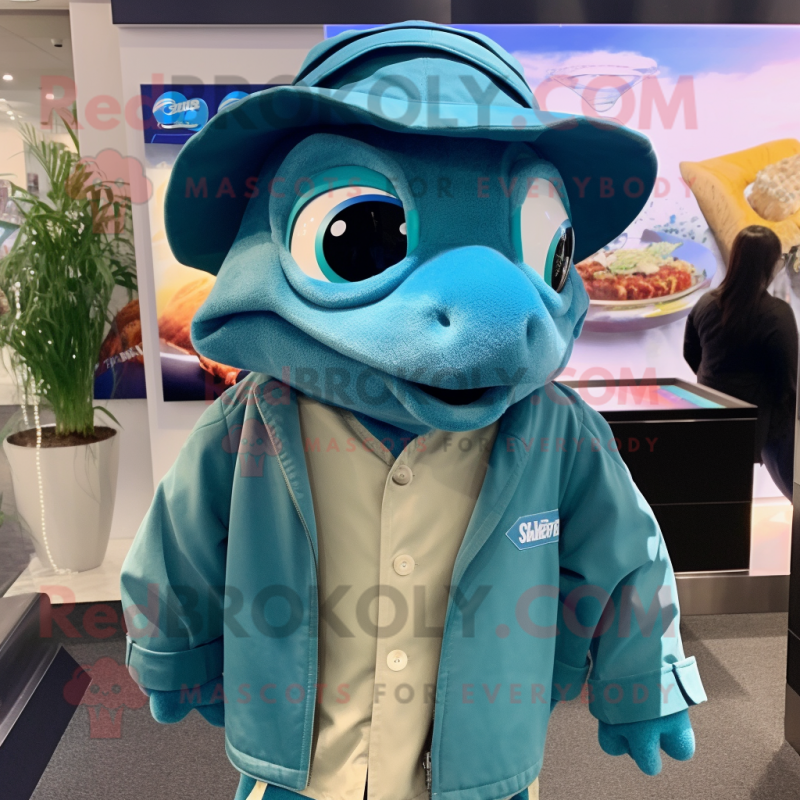 Teal Betta Fish mascot costume character dressed with a Jacket and Hat pins