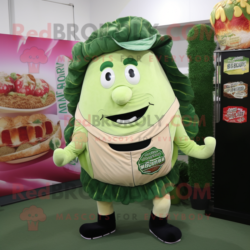 Olive Corned Beef And Cabbage mascot costume character dressed with a Graphic Tee and Brooches Olive Corned Beef And Cabbage mascot costume character dressed with a Graphic Tee and Brooches