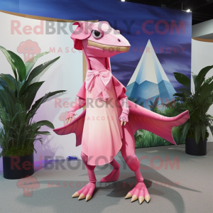 Pink Dimorphodon mascot costume character dressed with a Wrap Skirt and Hats