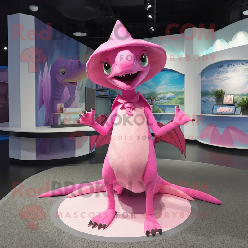 Pink Dimorphodon mascot costume character dressed with a Wrap Skirt and Hats