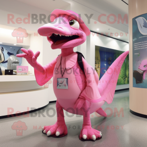 Pink Dimorphodon mascot costume character dressed with a Wrap Skirt and Hats