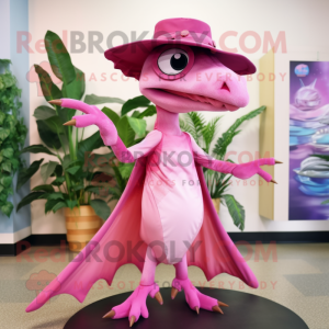 Pink Dimorphodon mascot costume character dressed with a Wrap Skirt and Hats