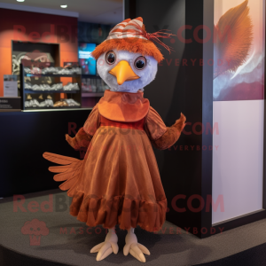 Rust Dove mascot costume character dressed with a Pleated Skirt and Headbands