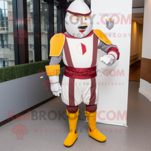 White Swiss Guard mascot costume character dressed with a Jeggings and Lapel pins