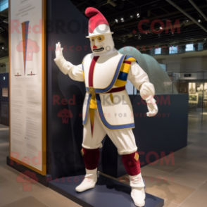 White Swiss Guard mascot costume character dressed with a Jeggings and Lapel pins