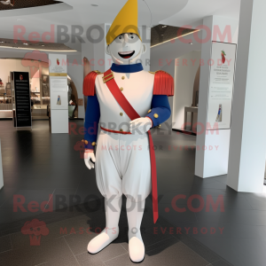 White Swiss Guard mascot costume character dressed with a Jeggings and Lapel pins