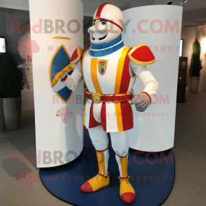 White Swiss Guard mascot costume character dressed with a Jeggings and Lapel pins