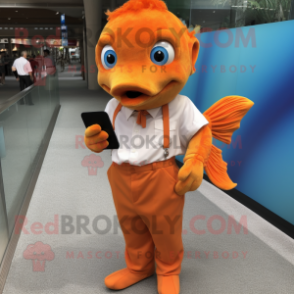 Orange Goldfish mascot costume character dressed with a Button-Up Shirt and Earrings