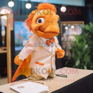 Orange Goldfish mascot costume character dressed with a Button-Up Shirt and Earrings