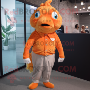 Orange Goldfish mascot costume character dressed with a Button-Up Shirt and Earrings