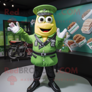 Green French Fries mascot costume character dressed with a Moto Jacket and Beanies