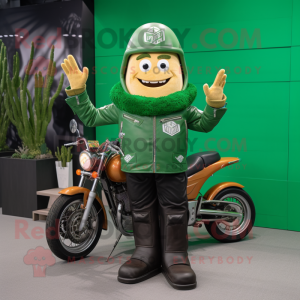 Green French Fries mascot costume character dressed with a Moto Jacket and Beanies