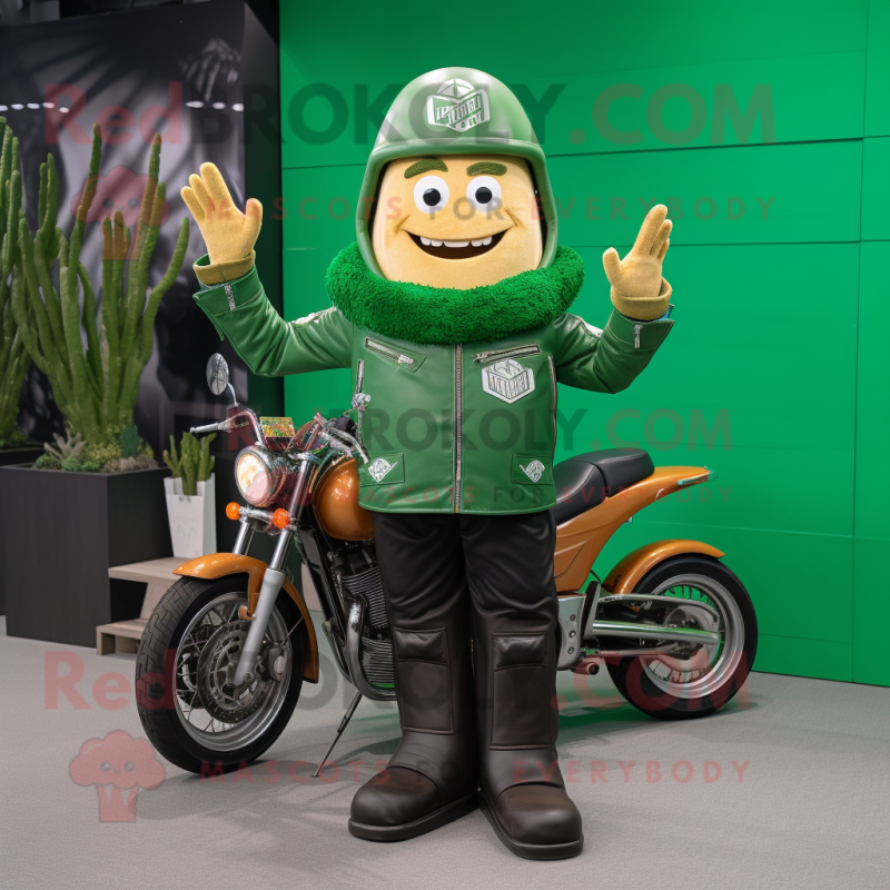 Green French Fries mascot costume character dressed with a Moto Jacket and Beanies Green French Fries mascot costume character dressed with a Moto Jacket and Beanies