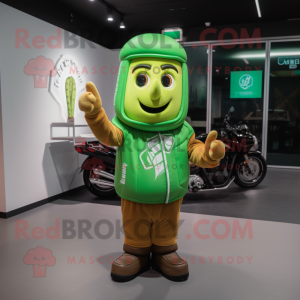 Green French Fries mascot costume character dressed with a Moto Jacket and Beanies
