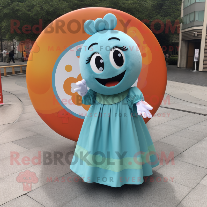 Cyan Apricot mascot costume character dressed with a Circle Skirt and Wallets Cyan Apricot mascot costume character dressed with a Circle Skirt and Wallets