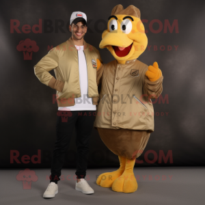 Olive Butter Chicken mascot costume character dressed with a Bomber Jacket and Cummerbunds