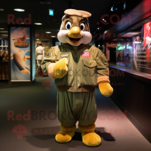 Olive Butter Chicken mascot costume character dressed with a Bomber Jacket and Cummerbunds