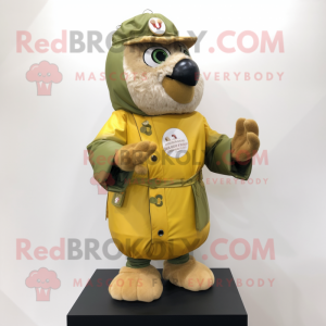 Olive Butter Chicken mascot costume character dressed with a Bomber Jacket and Cummerbunds