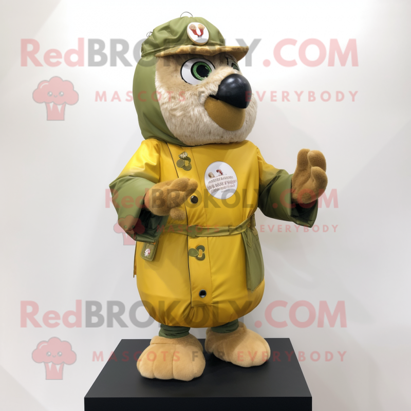 Olive Butter Chicken mascot costume character dressed with a Bomber Jacket and Cummerbunds Olive Butter Chicken mascot costume character dressed with a Bomber Jacket and Cummerbunds