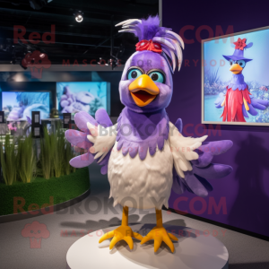 Lavender Rooster mascot costume character dressed with a Mini Skirt and Wraps
