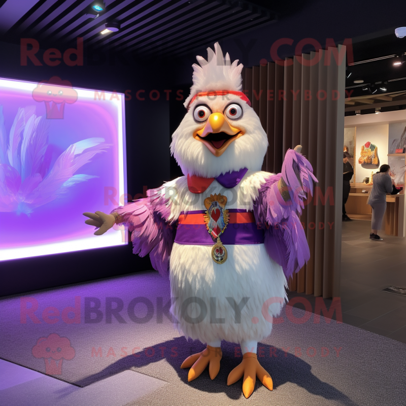 Lavender Rooster mascot costume character dressed with a Mini Skirt and Wraps Lavender Rooster mascot costume character dressed with a Mini Skirt and Wraps