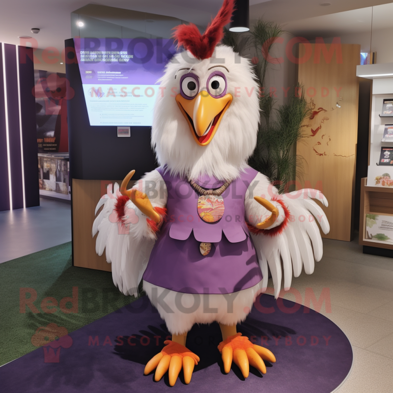 Lavender Rooster mascot costume character dressed with a Mini Skirt and Wraps Lavender Rooster mascot costume character dressed with a Mini Skirt and Wraps