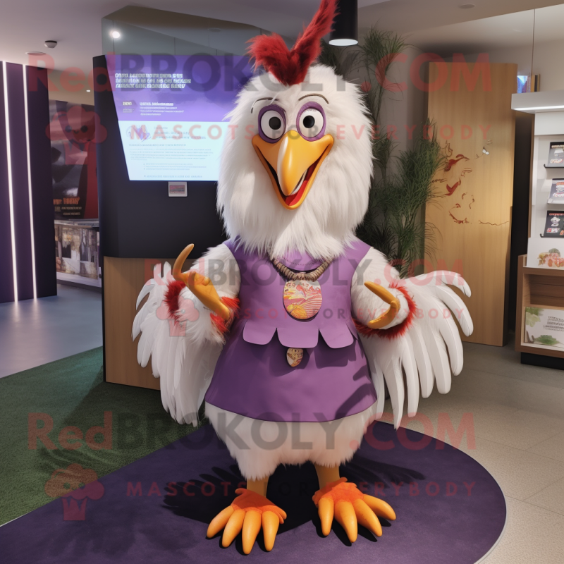 Lavender Rooster mascot costume character dressed with a Mini Skirt and Wraps