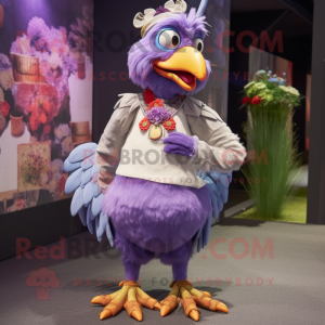 Lavender Rooster mascot costume character dressed with a Mini Skirt and Wraps