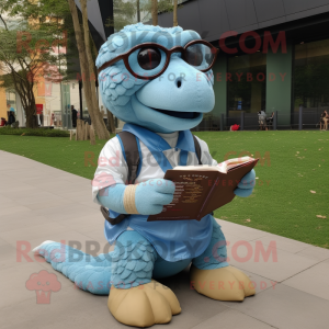Sky Blue Pangolin mascot costume character dressed with a Oxford Shirt and Reading glasses