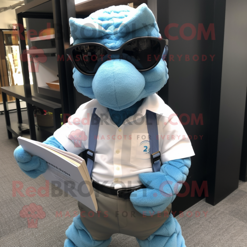 Sky Blue Pangolin mascot costume character dressed with a Oxford Shirt and Reading glasses