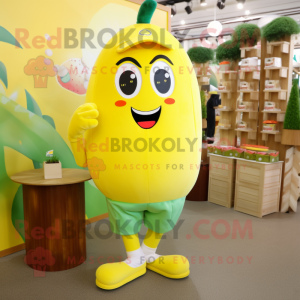 Lemon Yellow Mango mascot costume character dressed with a Capri Pants and Shoe laces